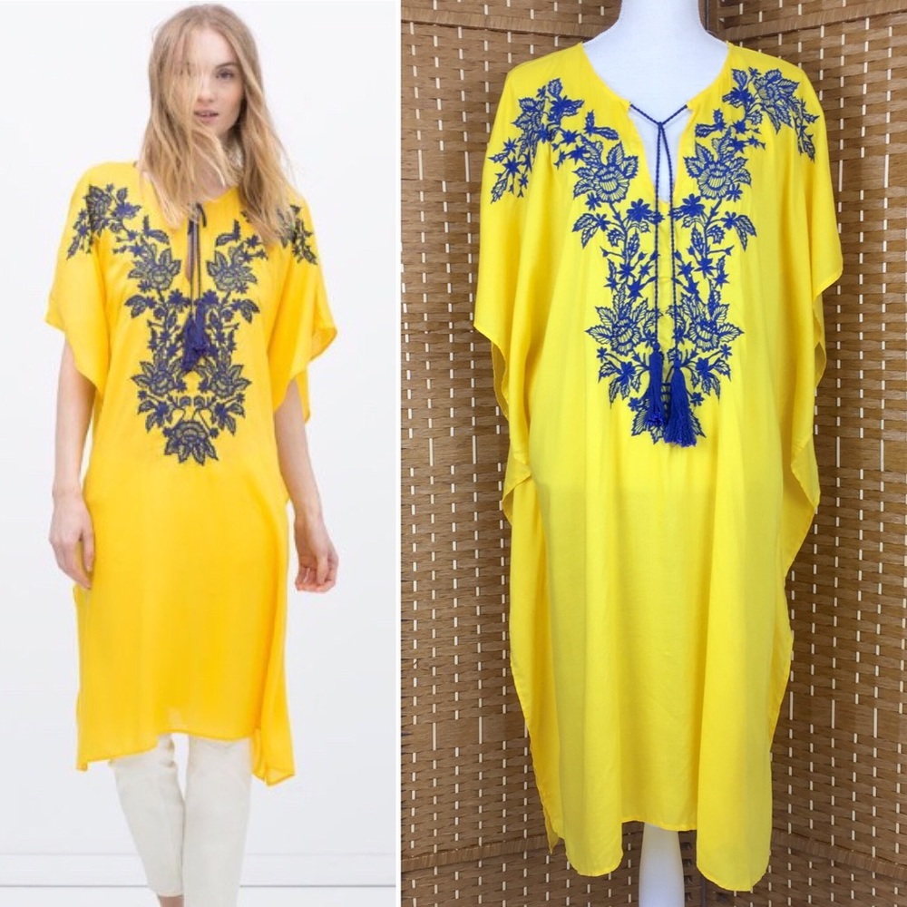 Zara Embroidered Kaftan Tunic Yellow Blue Sz M NWT